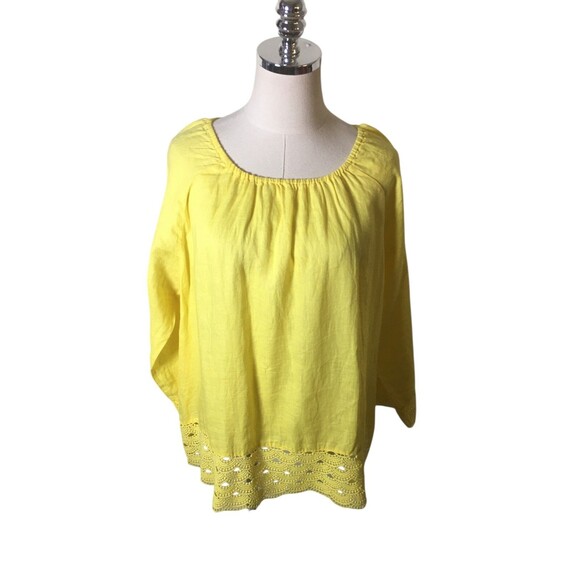 J Crew Top Women's Size Large Yellow 100% Linen Long Sleeve Lace Trim - Picture 1 of 7